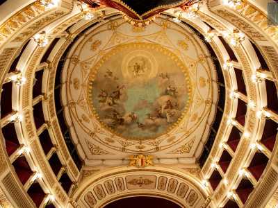 Realizzato dal pittore campano Luigi de Luise e dallo scenografo Leopoldo Galluzzi, il disegno mostra sullo sfondo di un cielo terso il dio delle arti Apollo col cavallo Pegaso e pi� in basso, adagiate sulle nuvole, le Muse. Stemmi e ornati a bassorilievo dorati con oro di Francia racchiudono la figura in un cerchio prezioso